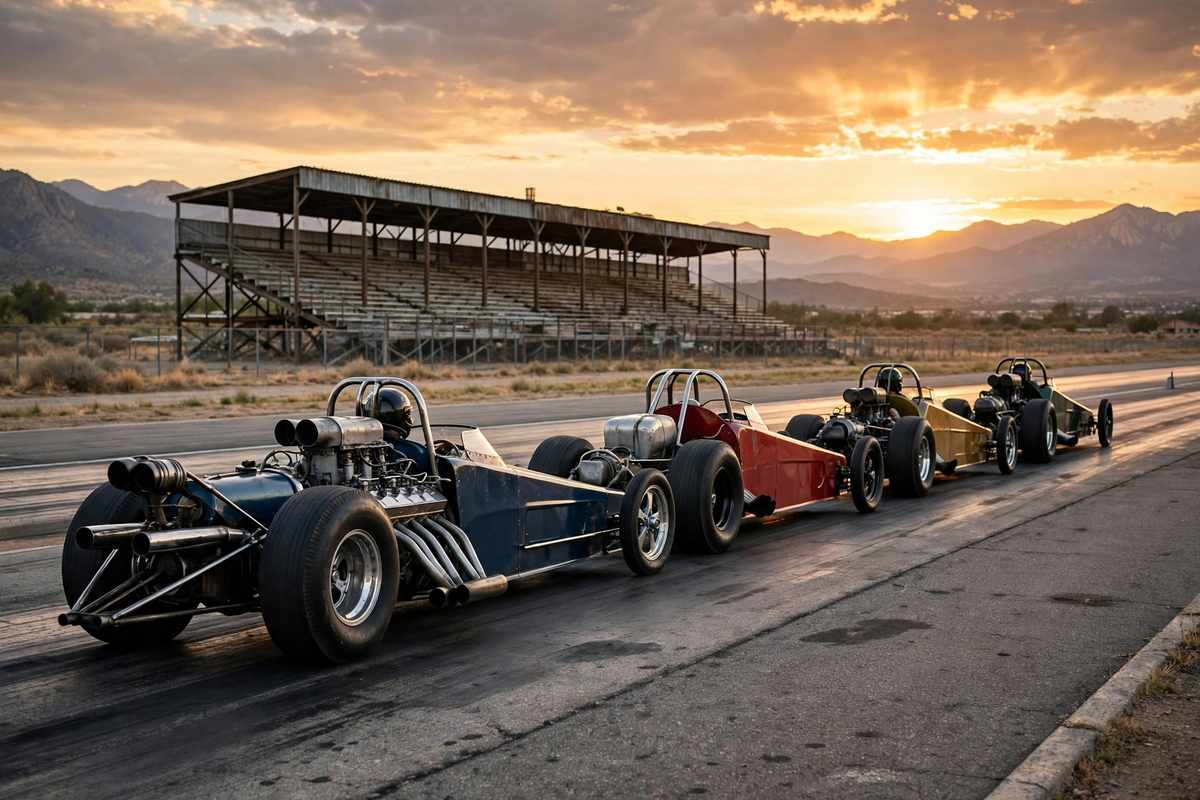 Vintage dragsters lined up on the strip at sunset with the grandstand behind